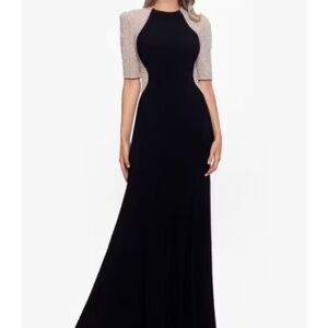 Xscape Caviar Beaded Mesh Short Sleeve Crew Neck Jersey Sheath Black Gown